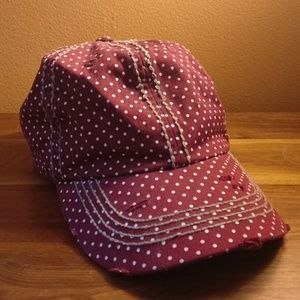 Brick red polka dots, stitching & distressed cap